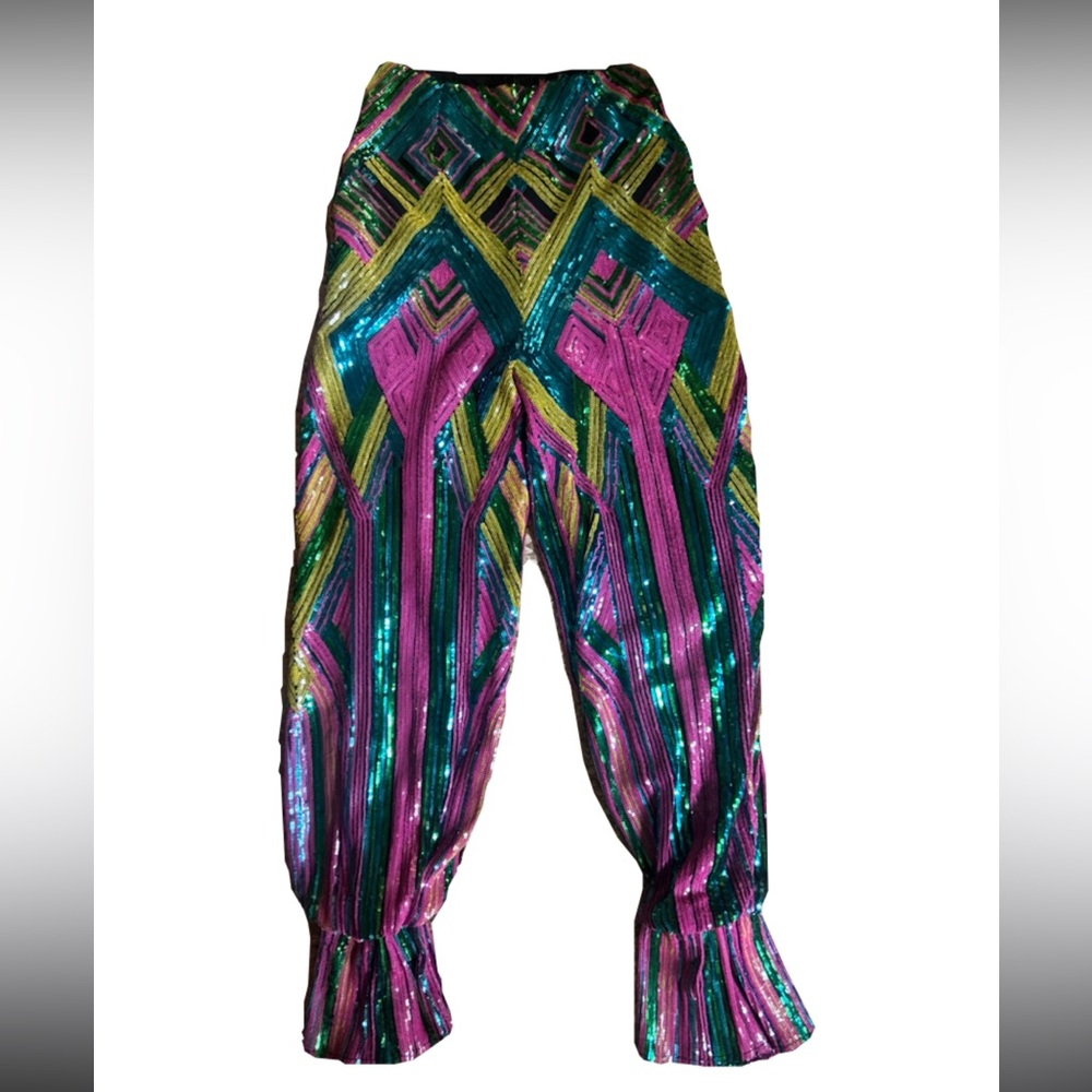 High Waisted Multicolor Geometric Sequin Pants